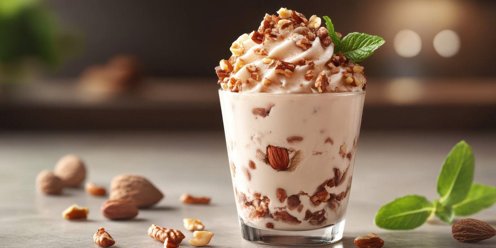 Creamy dessert topped with nuts and mint served in a clear glass on a wooden table